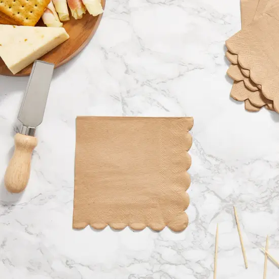 100 Pack Brown Paper Napkins with Scalloped Edges - 2-ply Disposable Cocktail Napkins for Wedding, Birthday Party (5x5 In) {4}