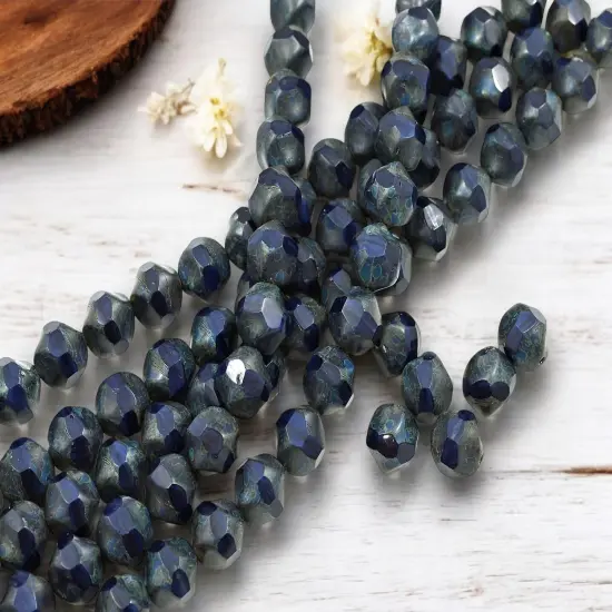 *16* 9mm Navy Blue Picasso Central Cut Round Beads {5}