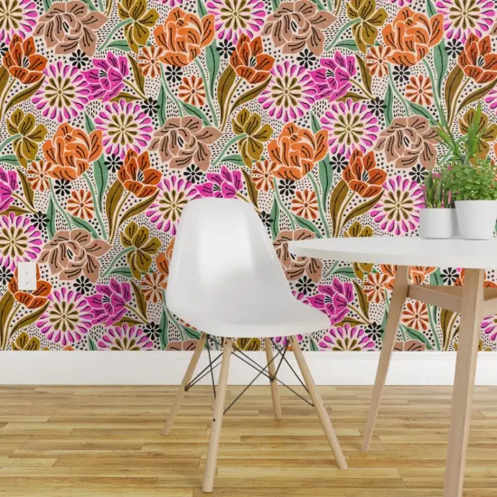 Peel & Stick Wallpaper 2FT Wide Summer Garden Bohemian Blooms Folk Art Boho Refined Orange Pink Custom Removable Wallpaper by Spoonflower {1}