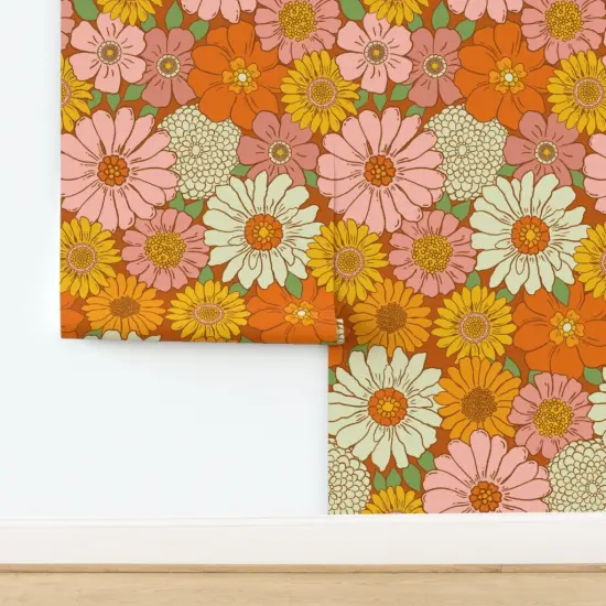Peel & Stick Wallpaper 2FT Wide Retro 1970S Floral Vintage Style Nostalgia Pink Orange Yellow Bohemian Retro Groovy Flowers Vintage Mod Flower Power Large Scale Custom Removable Wallpaper by Spoonflower {2}