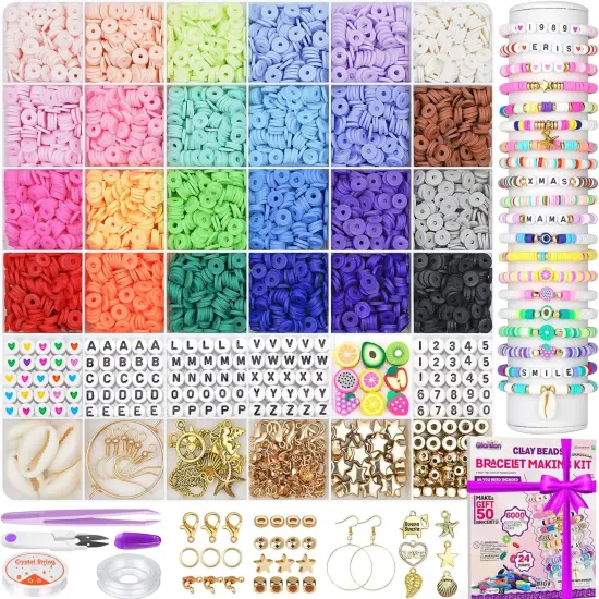 6000 Clay Beads Bracelet Making Kit, 24 Colors Flat Preppy Beads for Friendship Bracelets, Polymer Clay Beads with Charms for Jewelry Making, Crafts Gifts for Girls Ages 6-12 {1}