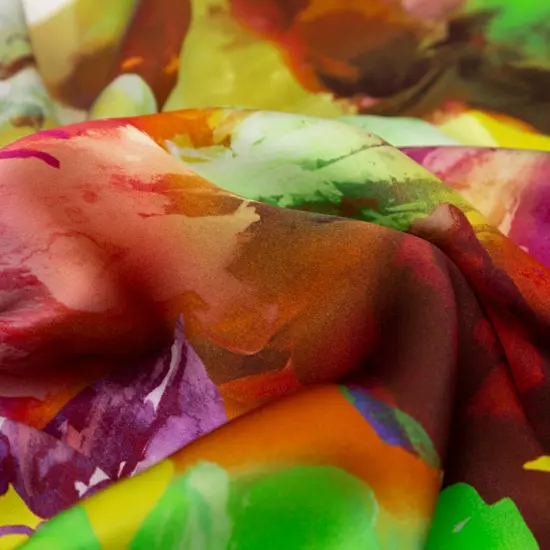 1 Yard Exclusive Italian Silk Charmeuse Green & Orange Painterly Floral Print, 55 Inches Wide {2}