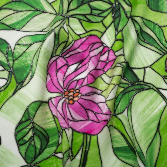 1 Yard Grass Green Hot Pink Lavender Stained Glass Silk Charmeuse 53 inch Width {1}