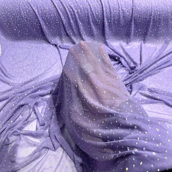 1 Yard Sheer Power Mesh With AB Rhinestones Stretch Fabric for Dancewear, Gowns & DIY Lavender {1}