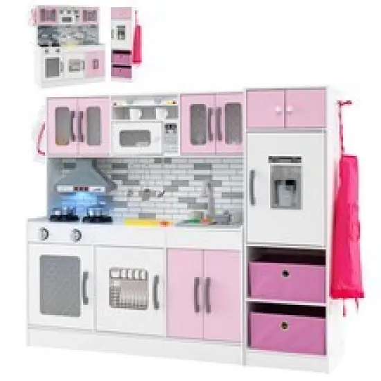 Wooden Pink Kitchen Playset with Lights & Sounds for Kids Ages 3+ Grey {8}