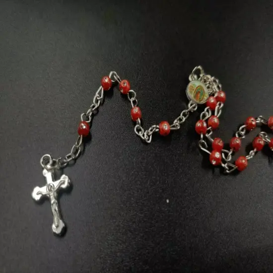 12 Rosary in Glass Bible Cross Red Beads CATHOLIC Mary Crucifix Necklace Bottle {2}