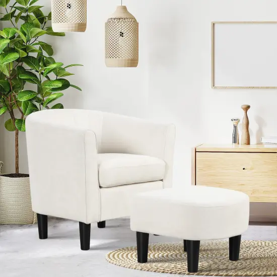 Upholstered Teddy Velvet Club Barrel Chair with Ottoman with Footrest-Beige {5}