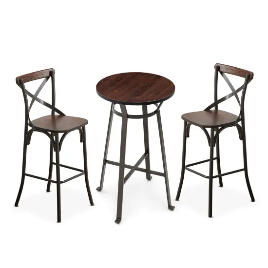 3 Piece Pub Table and Bar Chair Set - Steel Round Bar Table and Bar Chair Set Brown {1}