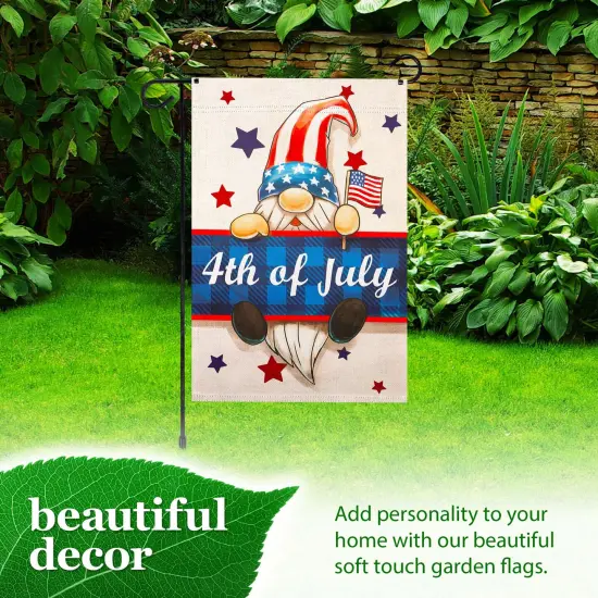 G128 Combo Pack: Garden Flag Stand 36x16IN & Garden Flag 4th of July Gnome Printed 12x18IN Double Sided {6}