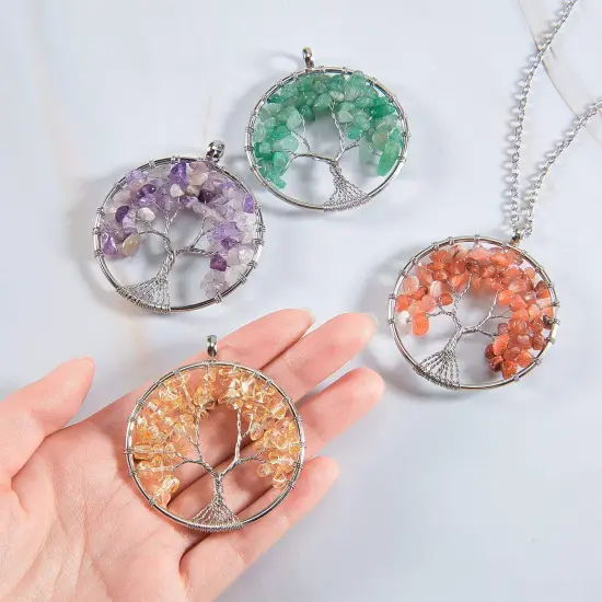 8 Pieces Life Tree Pendant Charms Gemstone Chakra Crystal Quartz Pendants Chakra Healing Charm for Necklace Earrings Bracelets Jewelry Making, Assorted Colors (Silver Chain Style) {4}