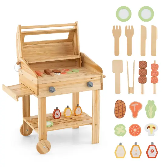 Kids Wooden Barbecue Grill Playset Pretend Kitchen with Food and Wheels-Natural {1}