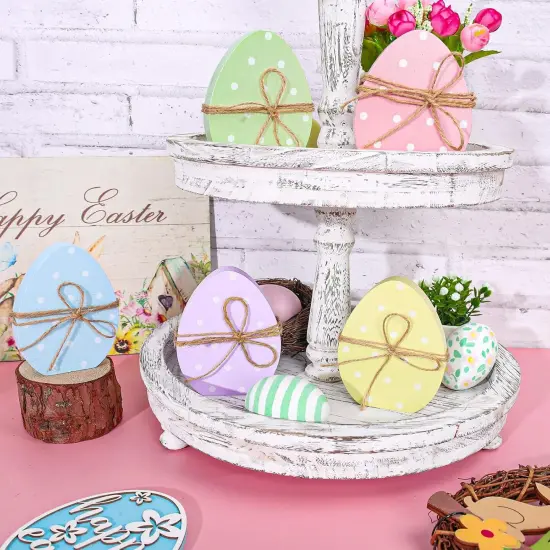 5Pcs Easter Egg Wooden Table Decor Polka Dots Egg Table Centerpieces Cute Spring Easter Standing Egg Wood Signs Easter Tiered Tray Tabletop Decoration with Rope for Home Party Decor {3}