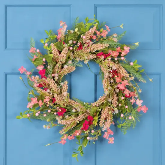 Northlight Cranesbill Geranium and Veronica Twig Wreath - 21" - Pink {1}
