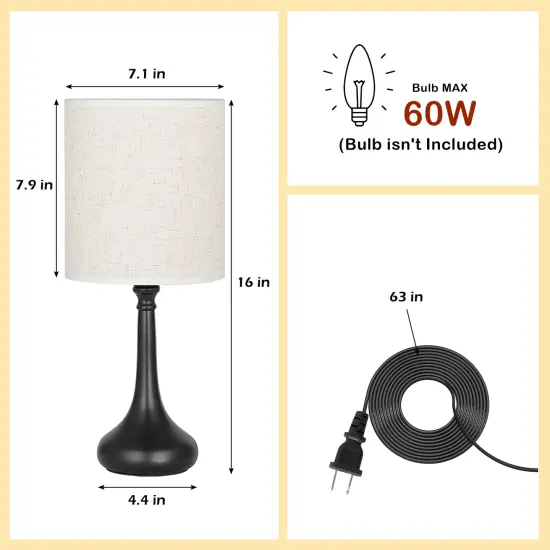 Set of 2 Modern Black Table Lamps &ndash; Compact Nightstand Lamps with Fabric Shade for Bedroom, Office, and Living Room {3}