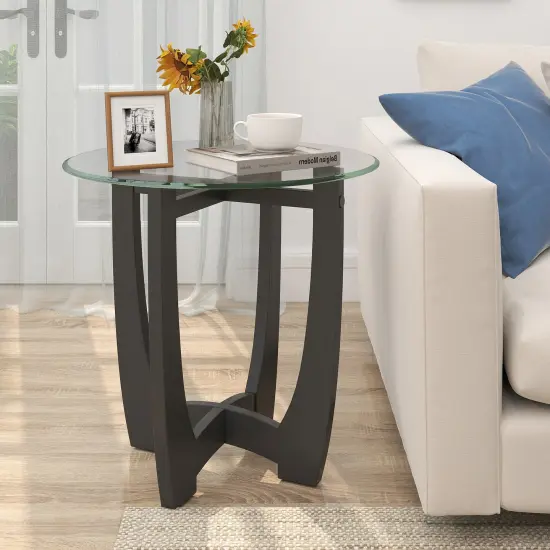 23.5 Inch Round End Side Table with Tempered Glass Tabletop for Living Room-Black {2}