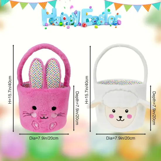 Set of 2pcs, Dia 7.9" * H 15.7", Plush Bunny&Lamb Baskets Easter Basket Easter Egg Hunting Basket Easter Decorations Party Supplies Eggs Gifts Storage {4}