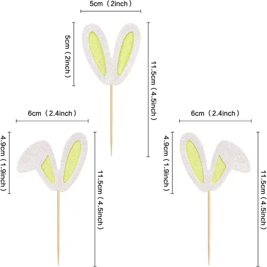 24 Pack Easter Bunny Ear Cupcake Toppers, Yellow Glitter Rabbit Ears Cupcake Picks, Easter Day Cake Toppers for Easter Theme Spring Birthday Baby Shower Party Supplies {2}