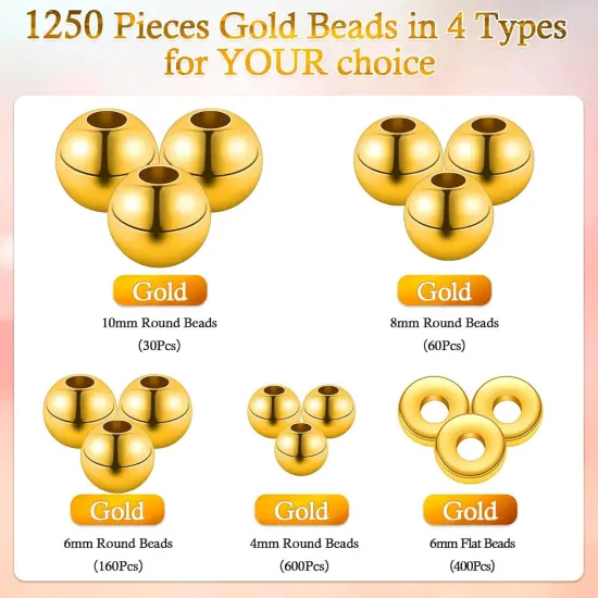 1250 Pieces Gold Spacer Beads for Jewelry Making, Gold Round Beads and Gold Flat Clay Beads for Bracelets Making, Small Gold Filled Beads for Jewelry Making {5}