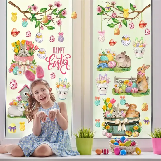 Happy Easter Wall Stickers Bunny Rabbit Wall Decals Peel and Stick Wall Art Decal Easter Egg Wall Decal Spring Flower Tree Branch Window Clings for Kids Room Nursery Living Room Kitchen Decor Gifts {3}