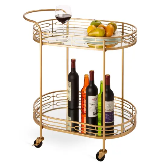 30.75"H Deluxe 2-Tier Metal Oval Mirrored Bar Cart -Golden {3}