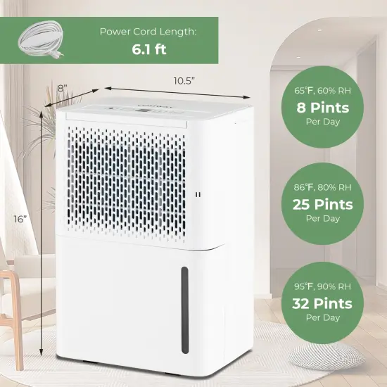 32 Pint Dehumidifier with Continuous/Drying/Auto Mode-White {4}
