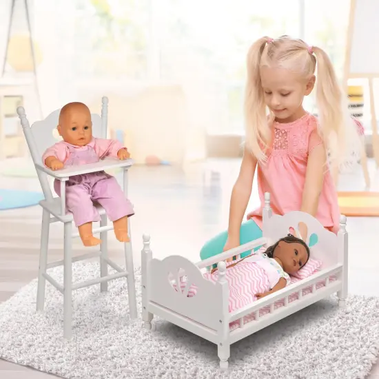 Badger Basket English Country Doll High Chair and Bed Set with Chevron Bedding and Free Personalization Kit - White/Pink {2}