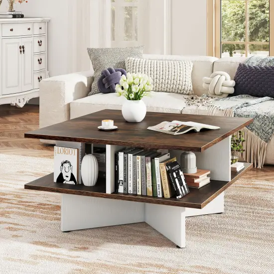 Rustic Brown Engineered Wood Coffee Table with Storage Compartments 2 Tier {6}