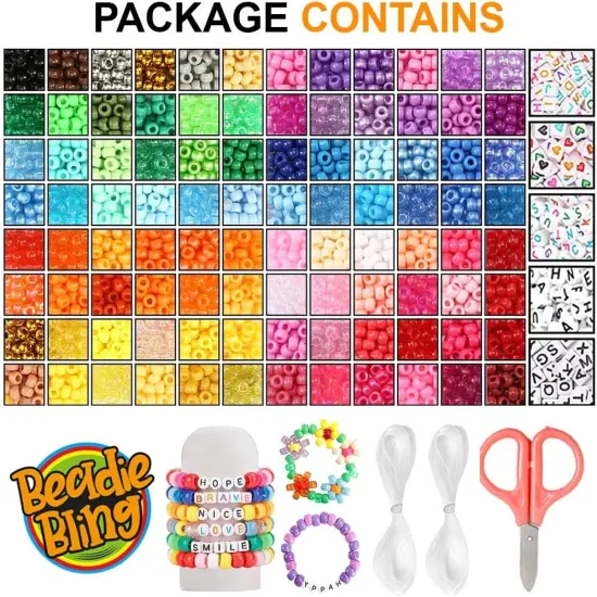 3200 Pcs 6 * 9mm Pony Beads Bulk in 96 Colors - Friendship Bracelet Making Kit with 2400 Plastic Beads & 800 Letter Beads in 4 Storage Boxes with 2X Strings & Scissor {1}