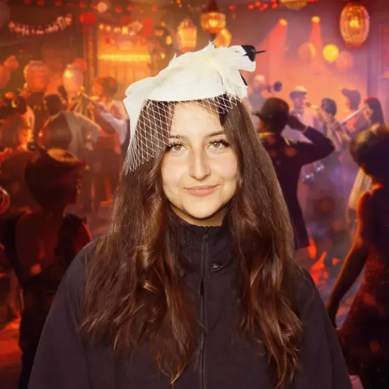 Feathery White Fascinator with Lace Veil Adult Costume Hat {3}