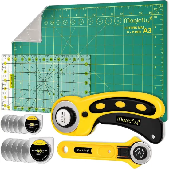 Rotary Cutter Set, 45mm and 28mm Fabric Cutters Kit with Extra 10 Blades, A3 Double-sided Self Healing Cutting Mat, 12x6 Inch Quilting Ruler for Sewing, Fabric Cutting, Art Crafting {1}