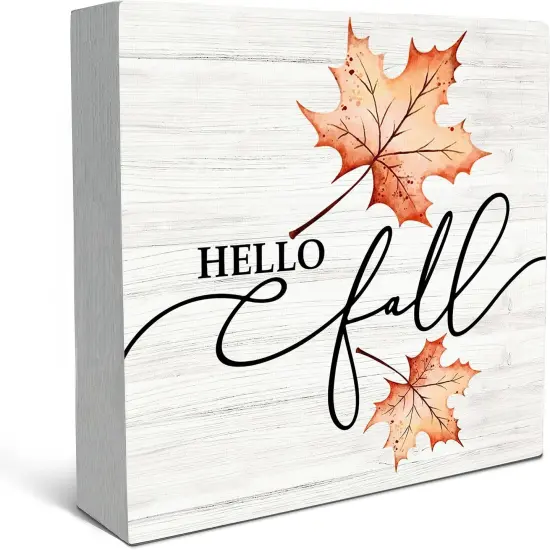 Fall Hello Maple Leaf Thanksgiving Wood Box Sign Desk Decor {1}