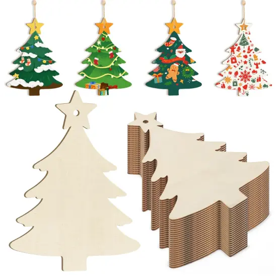 Wooden Christmas Ornaments to Paint Christmas Tree Decoration Cutouts Unfinished 24PCS 3.5 x 3 inches, DIY Blank Unfinished Christmas Tree Wood Discs Ornament for Home Crafts Hanging {1}