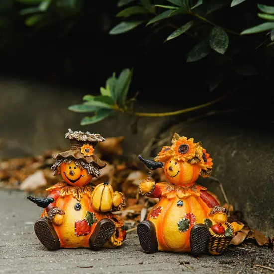 Set of 2 -Polystone Table Decor Seasonal Fall Harvest Statue Pumpkin {2}