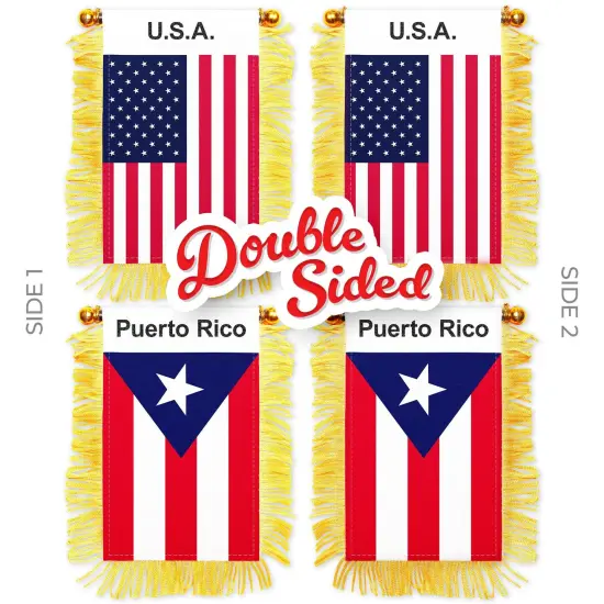 G128 Combo Pack: American USA & Puerto Rico Fringy Flag Double Sided 3x5 In | Both Fringy Hanging Flag with Suction Cup {2}