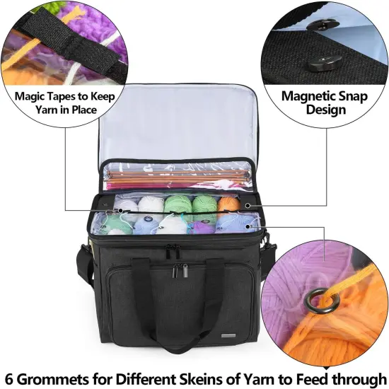 Knitting Bag Yarn Organizer with Cover & Divider &ndash; Black Tote for Crochet Hooks, Needles & Projects {4}