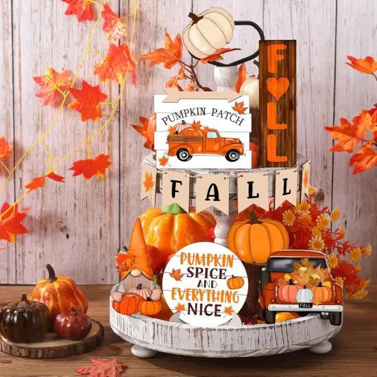 13 Pieces Fall Tiered Tray Decor Set Autumn Farmhouse Decor {2}