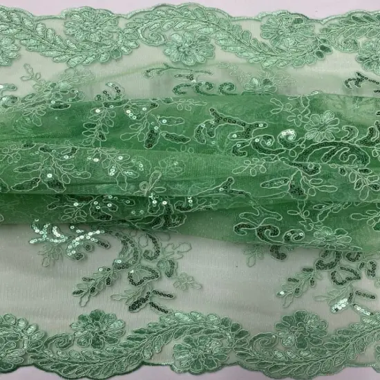 1 Yard Mint Green Corded Sequin Lace Mesh Fabric with Double Scalloped Edge 54&rdquo; Wide {4}