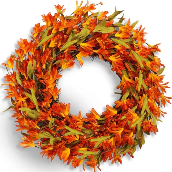 Orange Forsythia Fall Wreath with Berries, Autumn Leaves {1}