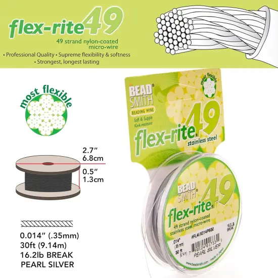 The Beadsmith Flex-Rite Beading Wire - Stainless Steel Micro Flexible Wire, 49 Strand, Pearl Silver, .014" Diameter, 30-Foot Spool, Nylon Coated {6}
