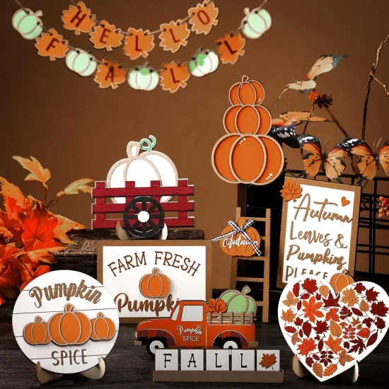 23 Pcs Fall Tiered Tray Decoration Set Thanksgiving Pumpkin(23 Pcs,Maple Leaf) {4}