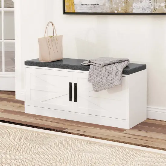 Costway Shoe Bench Farmhouse Shoe Rack Organizer with Cushion 2 Doors 2 Adjustable Shelves {2}