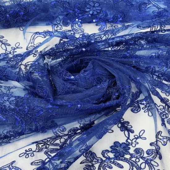 1 Yard Royal Blue Sequin Lace Fabric, Corded Mesh Embroidered with Double Scalloped Edge 54&Prime; Wide {3}