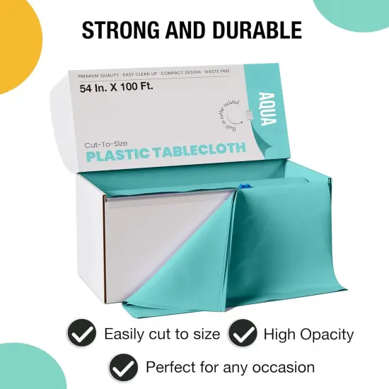 Exquisite Party Solids 54" x 100' Plastic Table Cover Roll with Slide Cutter &ndash; Cut-to-Size Dispenser Box &ndash; Makes Up to 36 Disposable 8' Rectangle Tablecloths Aqua {4}