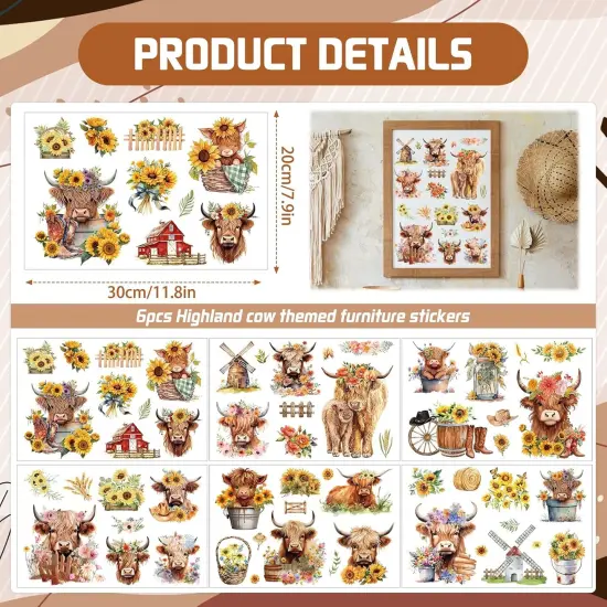 6 Sheets Sunflower Highland Cow Transfers for Crafts {2}