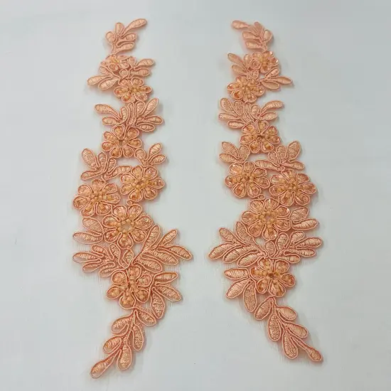 1 Pair 9.5" x 2" Each Side Beaded & Corded Floral Lace Applique Embroidered on 100% Polyester Net Mesh Peach {1}