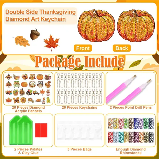 26 Pcs Double Side Thanksgiving Diamond Art Keychain {2}