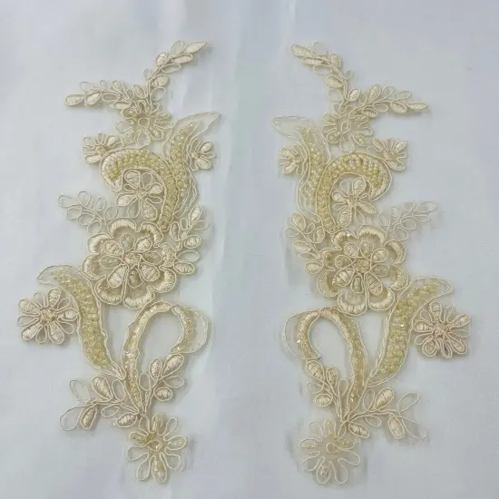 1 Pair Beaded & Corded Floral Lace Applique 9" x 2.5" Each Side Champagne {1}