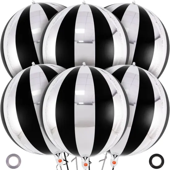 Black and Silver Striped Balloons, 22 Inch Metallic Round Foil Balloons-	Black and Silver {1}
