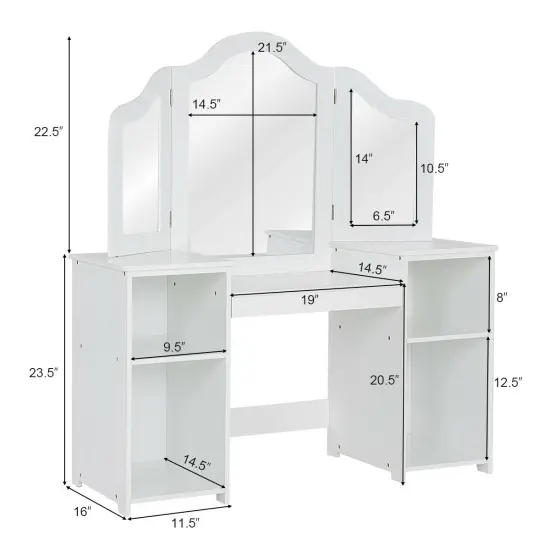 Costway Vanity Table Set Makeup Dressing Kids Girls Study Table Tri Folding Mirror {4}