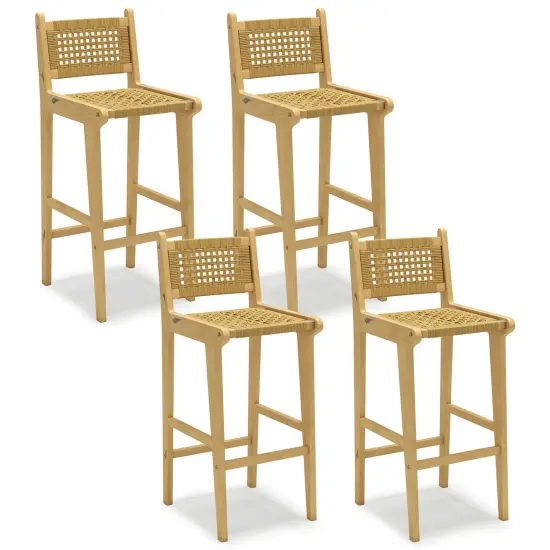 Costway 1/2/4 PCS Patio Teak Wood Bar Stool Outdoor Bar Height Chair with Rattan Backrest & Seat {9}